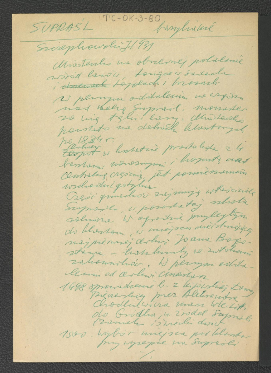 wypis z Szczepkowski J. (1931) dotyczący charakteru miejscowego miasteczka, tamtejszej zabudowy oraz ważniejszych epizodów w dziejach miejscowego klasztoru, skan 1
