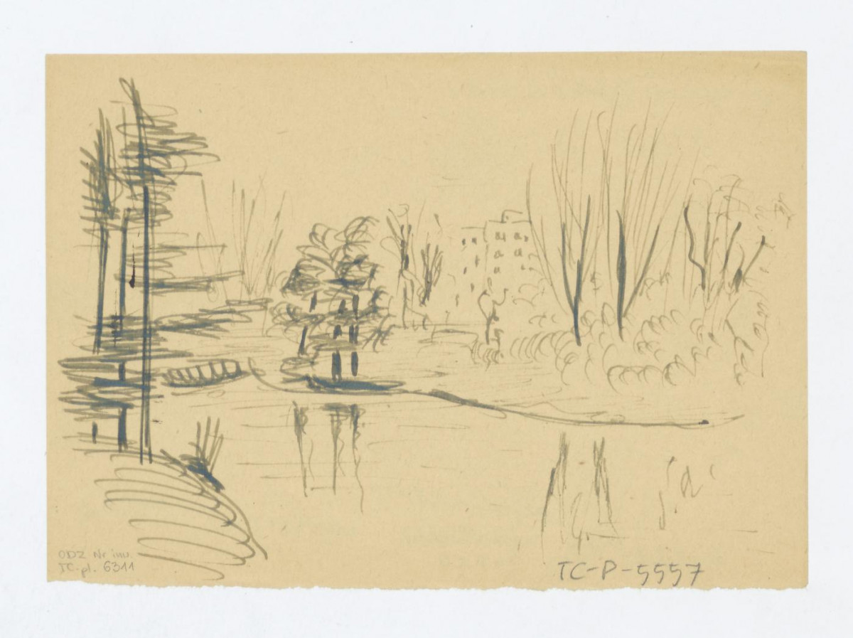 Ujazdów-fragment. Przerys z fotografii Poddębskiego. Napisy na odwrocie: Ogród Ujazdowski /pejzażowy/około 1905 r. Poddębski PIS 24560; b. dobre, skan 1