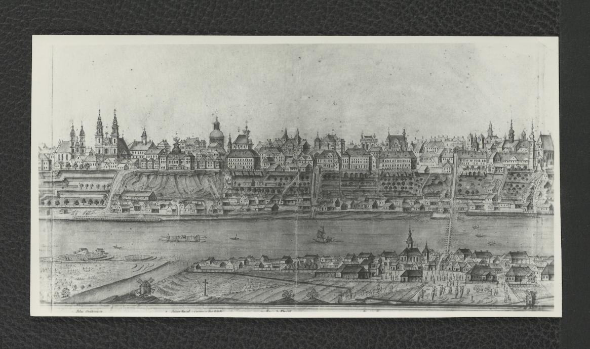 fotografia czarno-biała obrazu ukazującego panoramę Warszawy od strony Pragi z 1762 r., skan 1