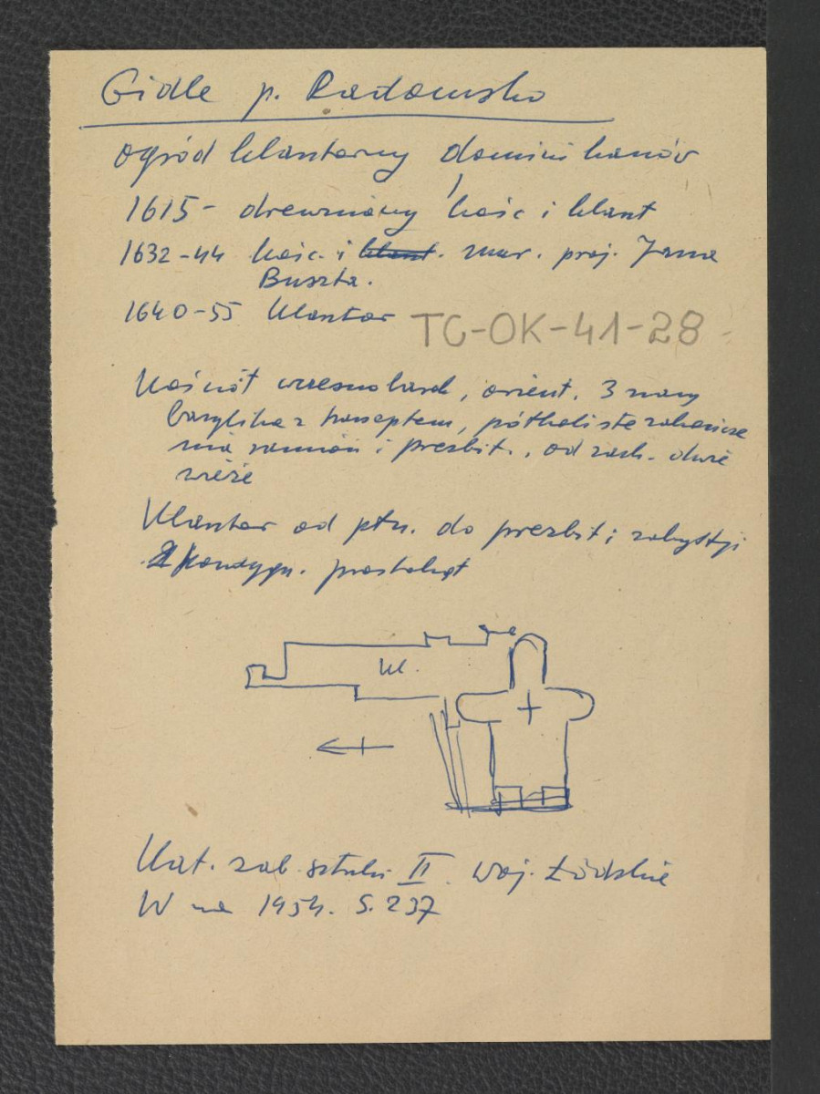 wypis z Katalog Zabytków Sztuki w Polsce: Województwo Łódzkie, t. II, red. Szablowski Jerzy, Warszawa 1954, s. 237 wzmiankujący ważniejsze epizody w dziejach miejscowego klasztoru, jego usytuowanie oraz szkicowy rysunek ukazujący rzut miejscowego zespołu klasztornego , skan 1