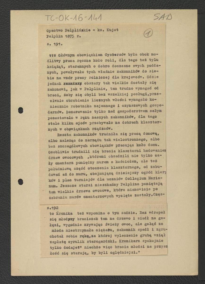 wypis z ks. Kujot Stanisław, Opactwo pelplińskie, Pelplin 1875, s. 191-192 wzmiankujący zaangażowanie miejscowych zakonników w pracach przy uprawach w miejscowym sadzie, skan 1