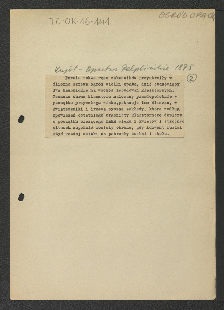 wypis z ks. Kujot Stanisław, Opactwo pelplińskie, Pelplin 1875, s. 191-192 wzmiankujący zaangażowanie miejscowych zakonników w pracach przy uprawach w miejscowym sadzie, skan 2