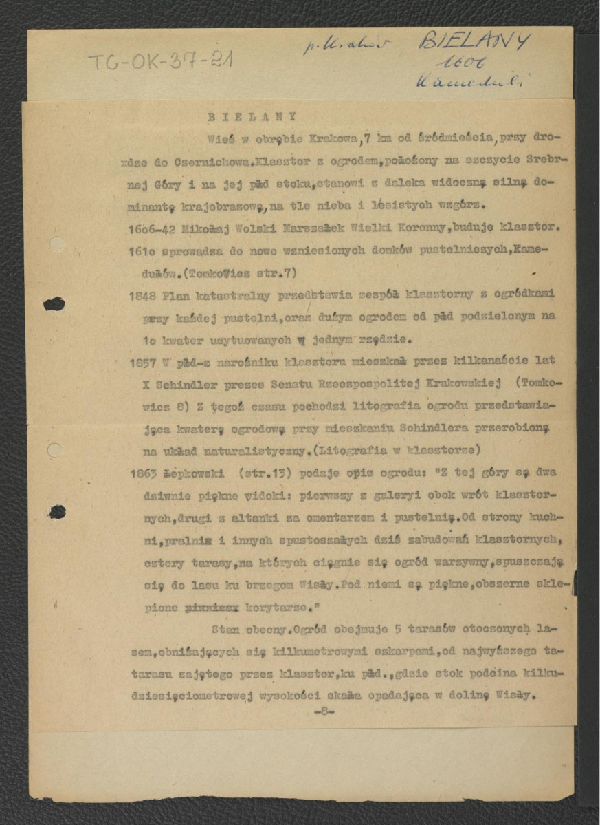 notatka kompilowana na podstawie Tomkiewicz, s. 7-8, Łepkowski dotyczący miejscowego ogrodu klasztornego, skan 1