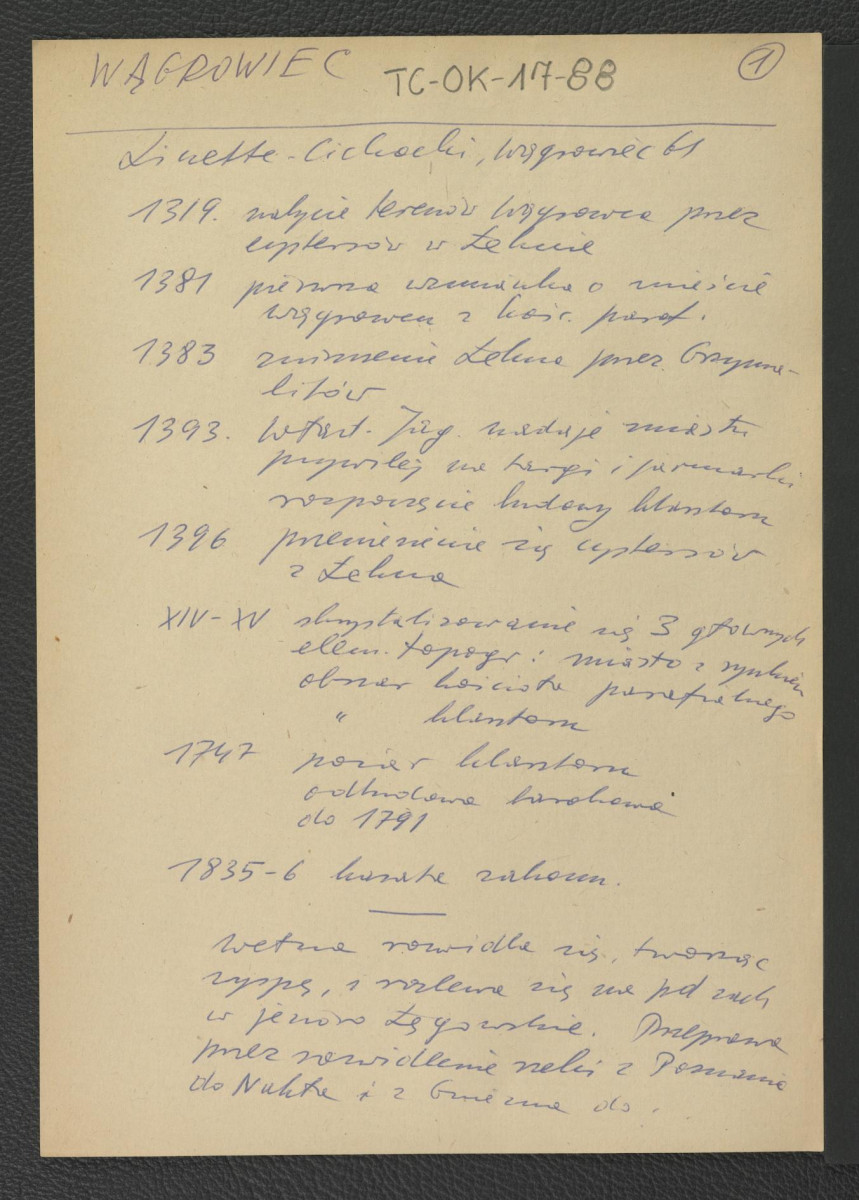 wypis z Linette; Cichocki, Wągrowiec (61) zawierający ważniejsze daty w dziejach miejscowego klasztoru począwszy od 1319 r. kiedy to cystersi w Łękna nabyli miejscowe tereny; zawiera również zwięzły opis usytuowania zgromadzenia; odsyłacz do Orda Napoleon, Album widoków historycznych Polski…, Warszawa 1873-1883, skan 1