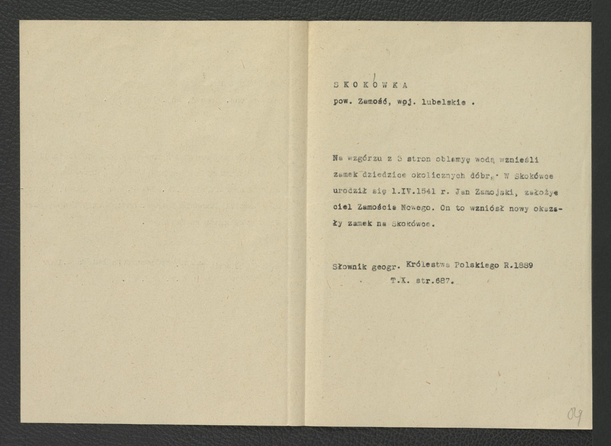 wypis z Słownik Geograficzny Królestwa Polskiego  t. X, s. 687 wzmiankujący miejscowy zamek oraz narodziny w Skokówce Jana Zamoyskiego; dwie karty, skan 2