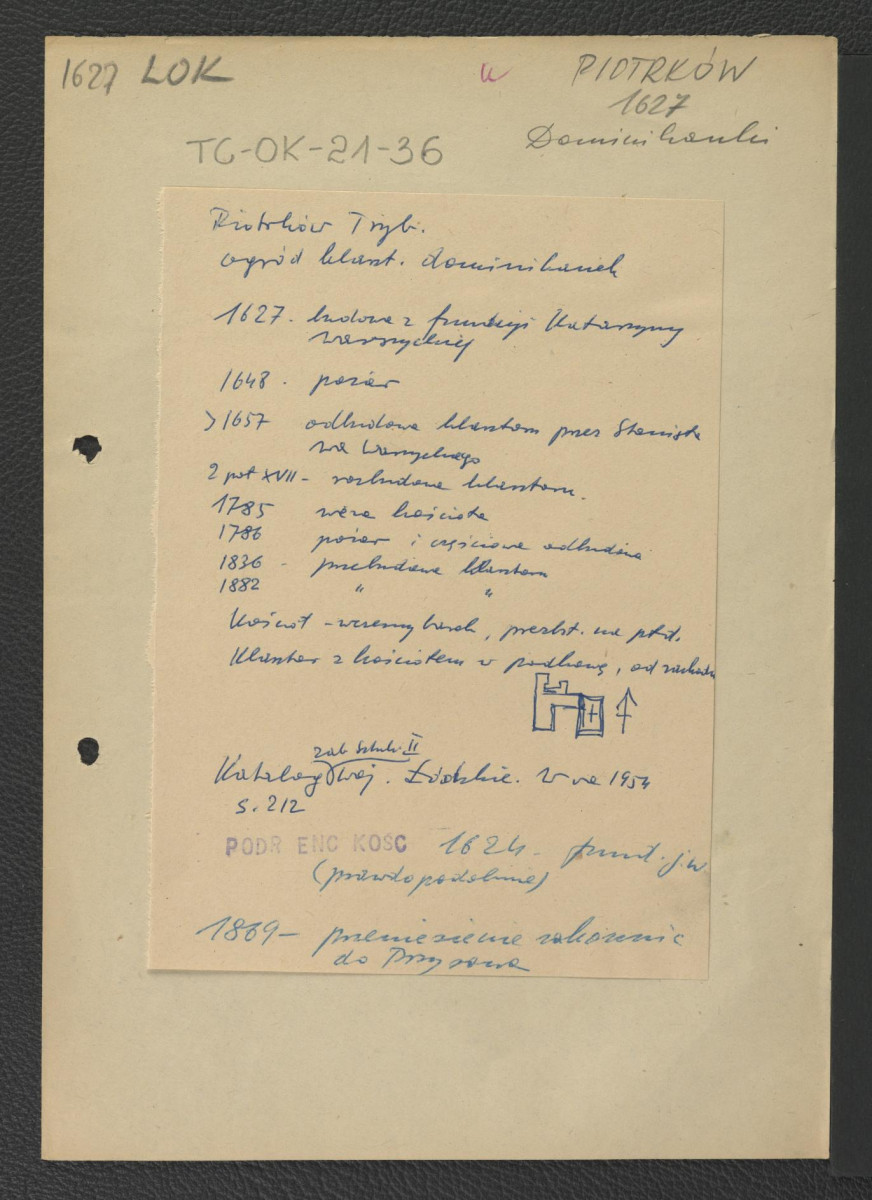 wypis z Katalog Zabytków Sztuki w Polsce: Woj. Łódzkie, t. II, red. Szablowski Jerzy, Warszawa 1954, s. 212 zawierający chronologię miejscowego klasztoru począwszy od roku 1627 kiedy to Katarzyna Warszycka ufundowała konwent; odsyłacz do Podręczna Encyklopedia Kościelna, red. ks. Zygmunt Chełmicki, t. I-XLIV, Warszawa, 1904-1916 wzmiankujący wspomnianą fundację oraz przeniesienie zakonnic w 1869 r. do Przyrowa   , skan 1