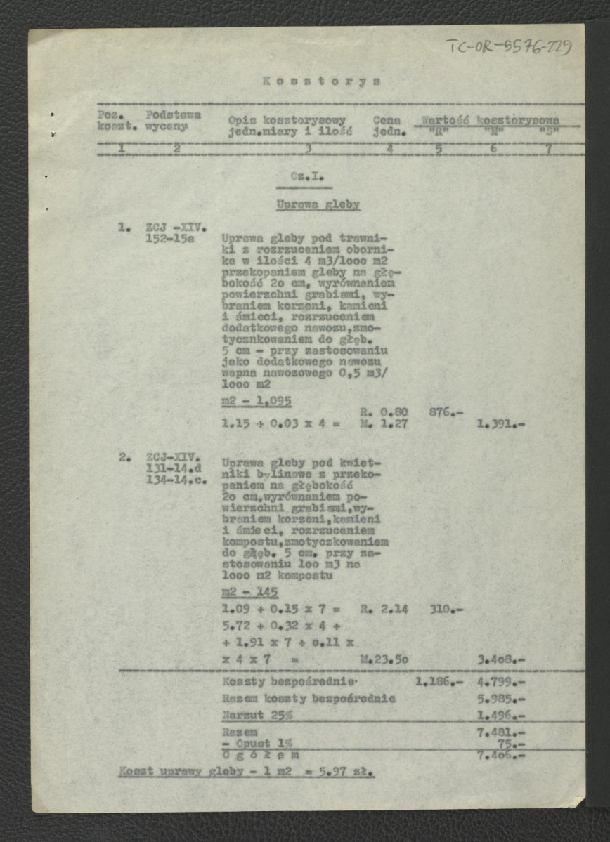 kosztorys zieleni: Warszawa-Wilanów: ogród pałacowy – gaj Akademosa; opracowany przez inż. Michońską 17 marca 1962 r. pod kierownictwem G. Ciołka; jedenaście kart, skan 3