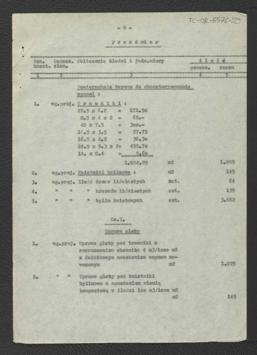 kosztorys zieleni: Warszawa-Wilanów: ogród pałacowy – gaj Akademosa; opracowany przez inż. Michońską 17 marca 1962 r. pod kierownictwem G. Ciołka; jedenaście kart, skan 9