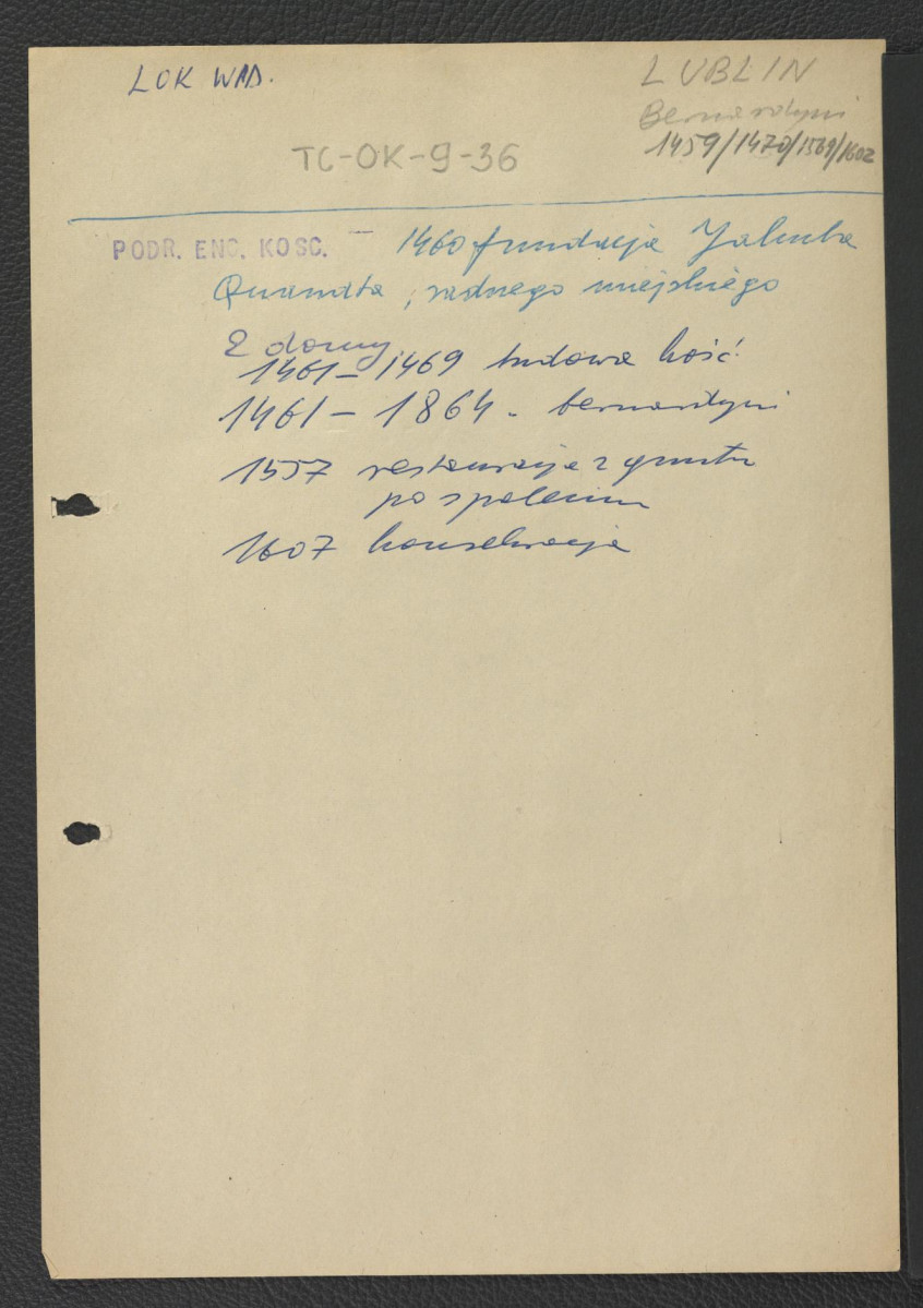 wypis z Podręczna Encyklopedia Kościelna, red. ks. Zygmunt Chełmicki, tom I-XLIV, Warszawa, 1904-1916 dotyczący fundacji radnego miejskiego Jakuba Quandta w 1460 roku oraz późniejszych losów zespołu po 1607 roku, skan 1