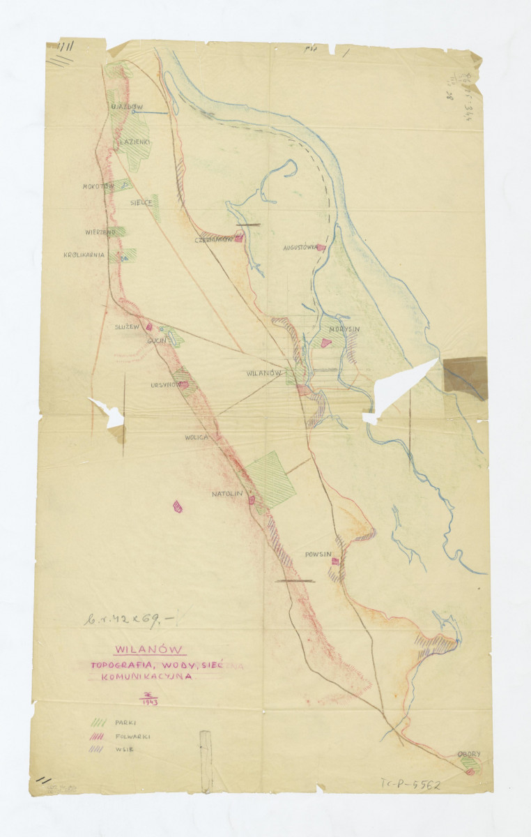 Wilanów-plan obejmujący topografię, wody, sieć komunikacyjną, skan 1