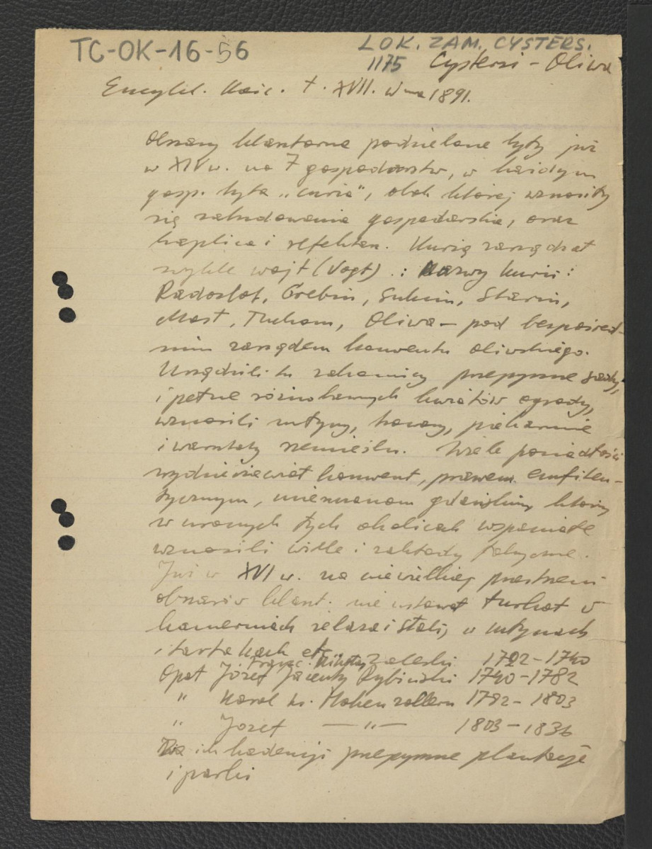 wypis z Encyklopedia kościelna, t. XVII, Warszawa 1891 charakteryzujący układ przestrzenny miejscowego założenia klasztornego, zarówno pomieszczeń o charakterze sakralnym jak i gospodarczym; zawiera chronologie wydarzeń w toku wieków XVIII i XIX, skan 1