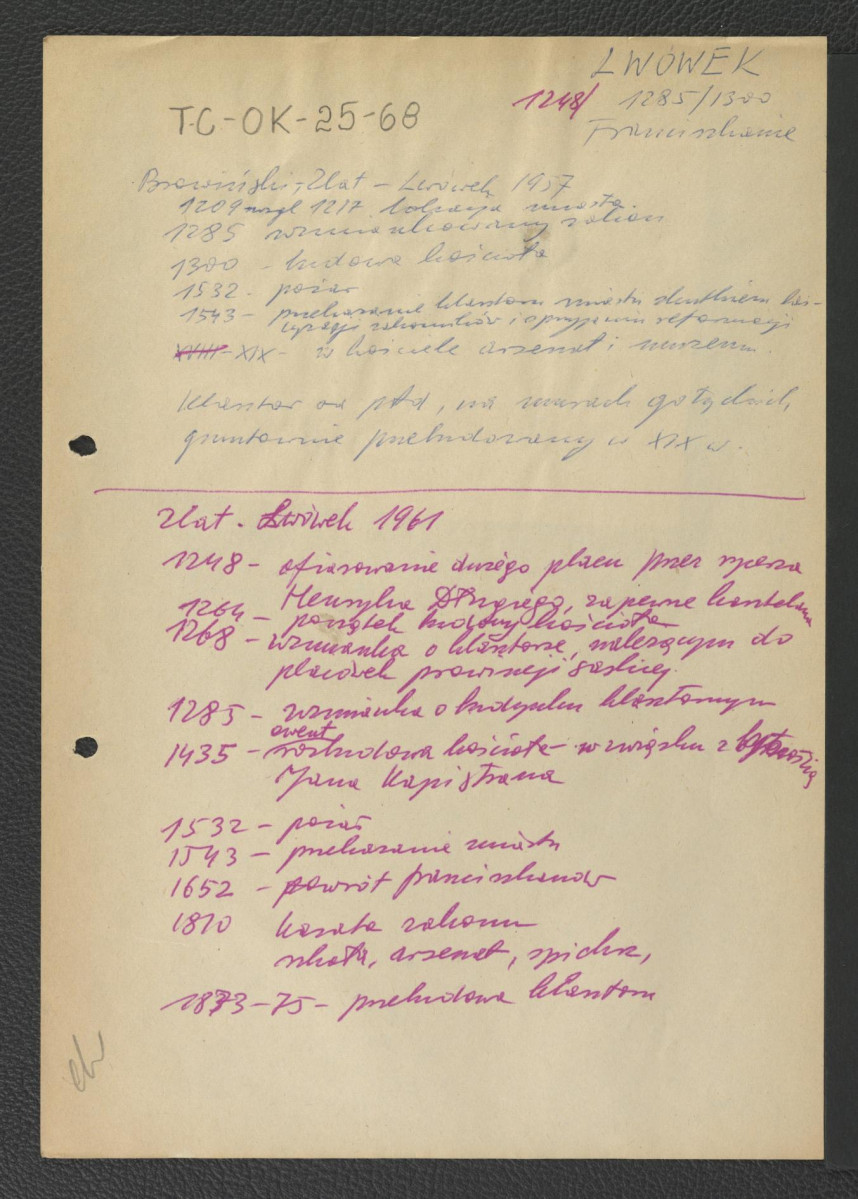 wypis z Browiński, 1957 zawierający zwięzłą chronologię miejscowości i opactwa począwszy od 1289 r. (ewentualnie 1217 r.) kiedy to lokowano wymienione miasto; kolejna chronologia być może z drugiego wydania publikacji wzmiankowanego autora w roku 1961; na , skan 1