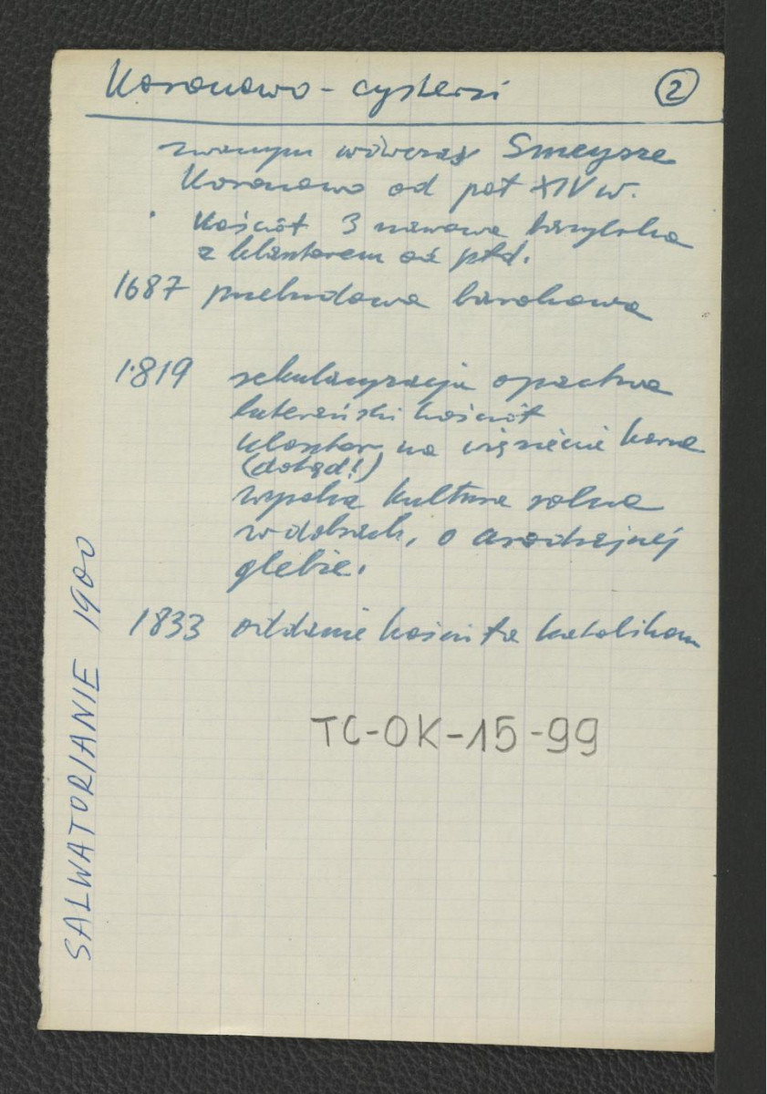 wypis z Fieller, 1928 wzmiankujący warunki środowiskowe w pobliżu klasztoru oraz ważniejsze epizody w jego dziejach począwszy od schyłku XII wieku kiedy to zakonnicy podjęli prośbę wzniesienia klasztoru udaremnioną najazdem Pomorzan, skan 2