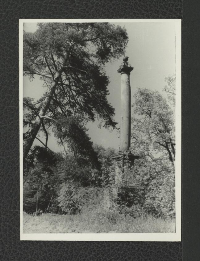 fotografia czarno-biała przedstawiająca kolumnę z Krzyżem Maltańskim w miejscowym parku, skan 1