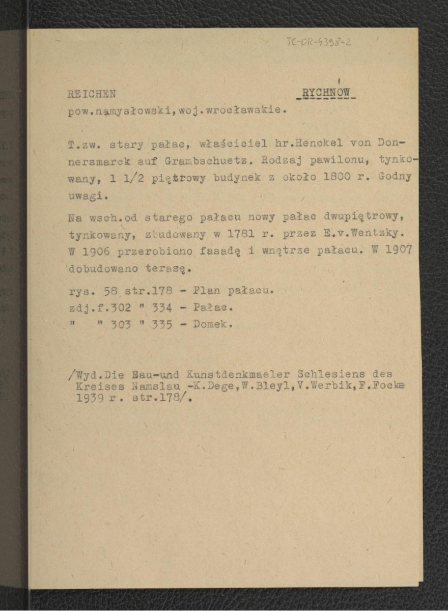 wypis z K. Degen, W. Bleyl, V. Werbik, F. Focke, Die Bau-und Kunstdenkmaler Schlesiens des Kreises Namslau, Berlin 1939, s. 178 dotyczący miejscowego pałacu należącego do hr. Henckel von Donnersmarck auf Grambschutz oraz drugiego, nowszego pałacu wzniesionego w 1781 r. przez E. v. Wentzky’ego, a następnie przebudowy w latach 1906/1907; wzmianka o ikonogfraii przedstawiającej wspomniane budynki , skan 1