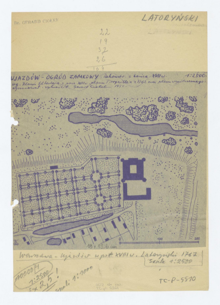 Ujazdów-plan sytuacyjny ogrodu. Rekonstrukcja stanu z końca XVII w. napisy UJAZDÓW - OGRÓD ZAMKOWY.  Rekonstrukcja z końca XVII w. według Planu Elestera z początku XVIIII w.,  planu Tirregaille'a z 1762 oraz planu współczesnego. Opracował i wykreślił Gerard Ciołek 1950. Napis na podkładzie: Warszawa - Ujazdów p. 3/ cd. w połowie XVIII w. latoryński 1767 ; LATORYŃSKI. obliczenia skali, skan 1