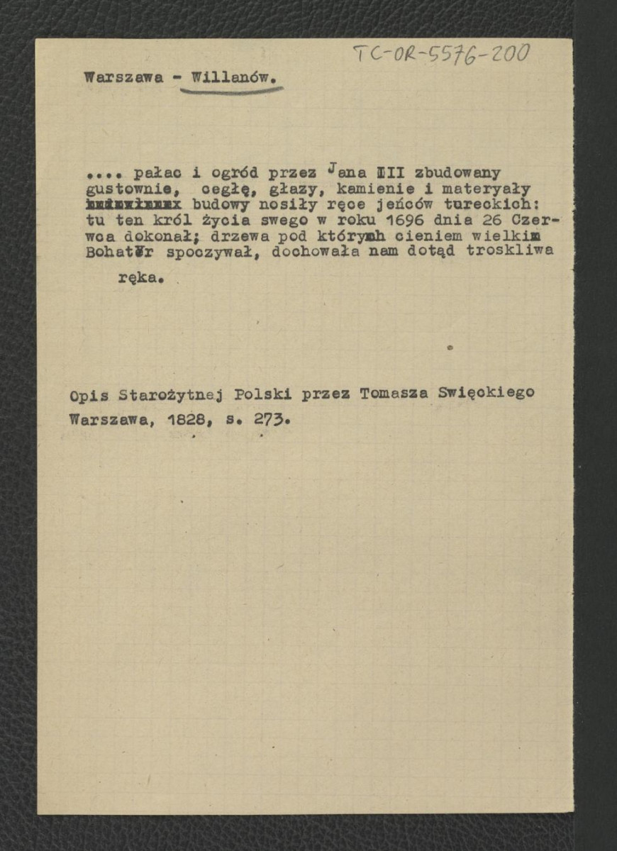 wypis z Święcki Tomasz, Opis starożytnej Polski, Warszawa 1828, s. 273 wzmiankujący miejscowy pałac, skan 1