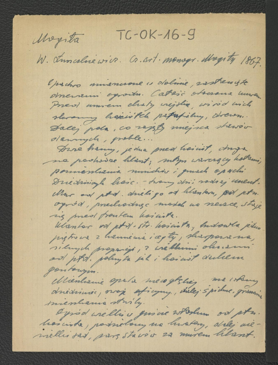 wypis z Łuszczkiewicz Władysław, Część artystyczna monografii Mogiły w: Monografia opactwa cystersów we wsi Mogile…, Kraków 1867 dotyczący usytuowania miejscowego klasztoru , skan 1