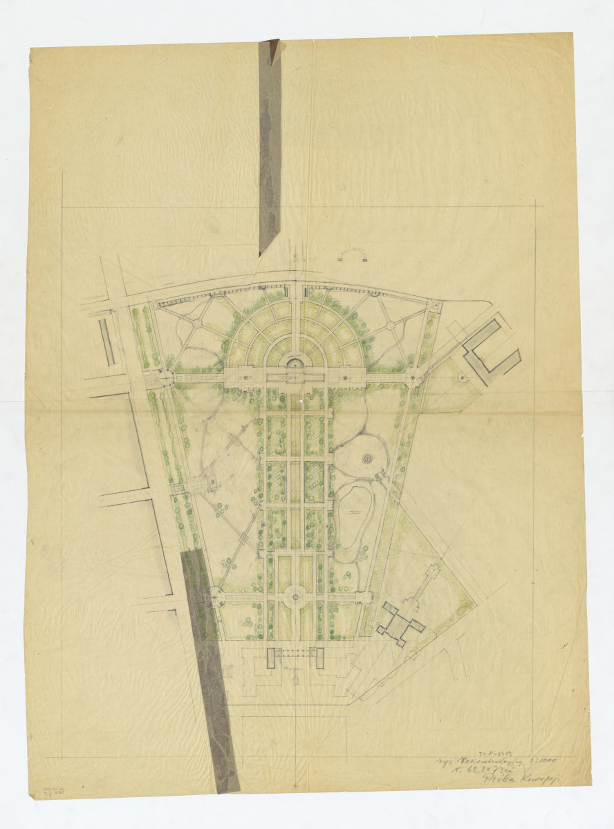 Ogród Saski-rysunek roboczy adaptacji i rekonstrukcji ogrodu. Próba koncepcji, skan 1