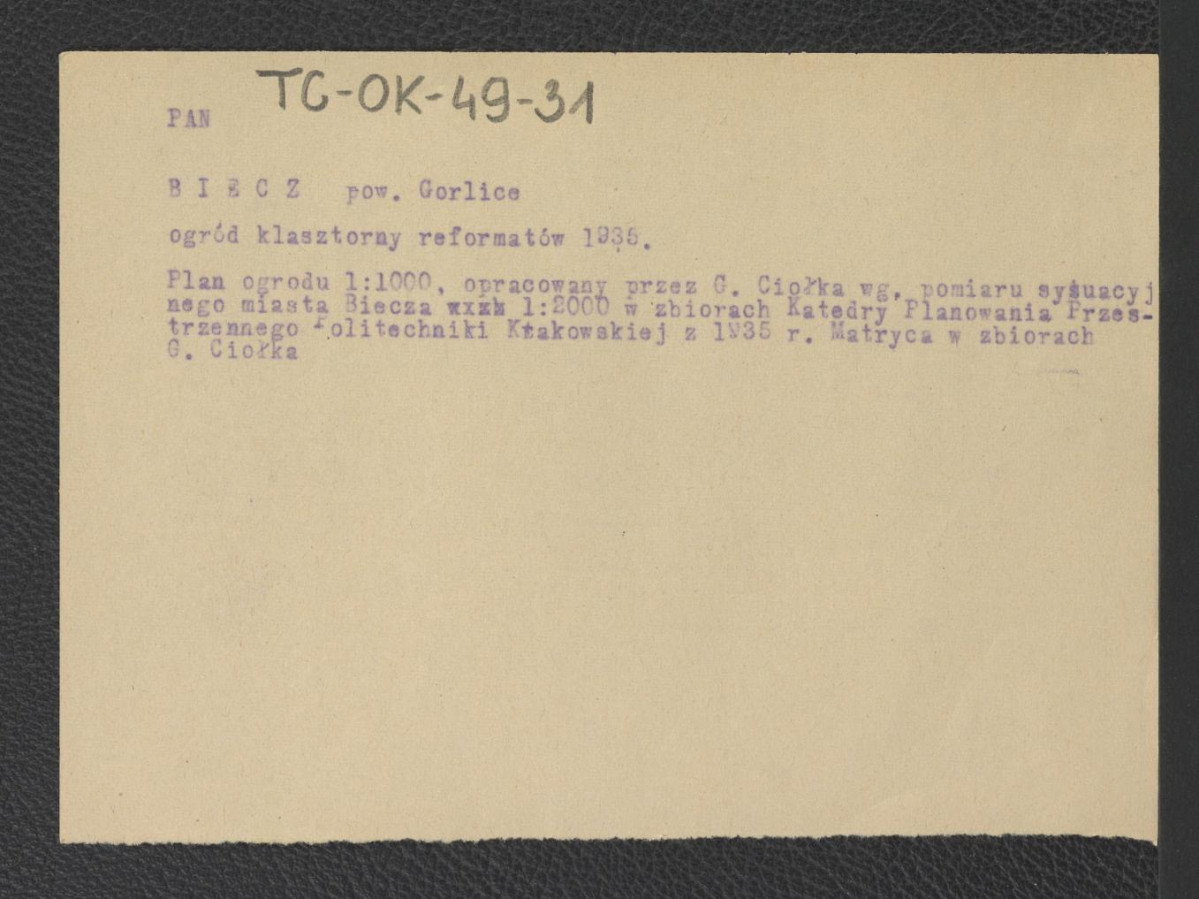 karta opisowa do niezachowanego w obwolucie planu ogrodu (1 : 1000) opracowana przez Gerarda Ciołka według pomiaru sytuacyjnego miasta Biecza w zbiorach Katedry Planowania przestrzennego Politechniki Krakowskiej z 1935 r. , skan 1