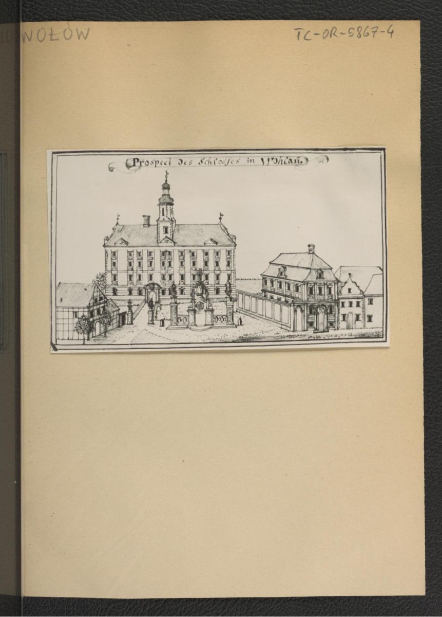 fotografia czarno-biała przedstawiająca reprodukcji ryciny zamieszczonej w Wernher F.B., Topografia Śląska, 1744-1768 a ukazującej widok na miejscowy zamek                                               , skan 1