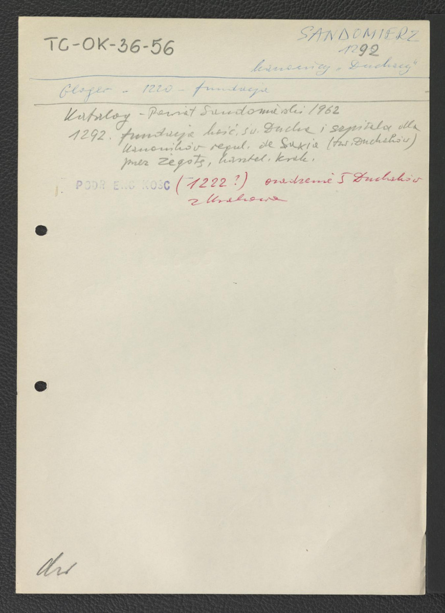 odsyłacz do Gloger Zygmunt, Encyklopedia Staropolska, Warszawa 1902 wzmiankujący ufundowanie miejscowego klasztoru ok. 1220 r.; wypis z Katalogu Zabytków Sztuki-pow. Sandomierski (1962) wzmiankujący ufundowanie szpitala i kościoła św. Ducha przez kasztelana krakowskiego Żegota ok. 1292 r.; odsyłacz do Podręczna Encyklopedia Kościelna, red. ks. Zygmunt Chełmicki, t. I-XLIV, Warszawa, 1904-1916 wzmiankujący hipotetyczny moment osadzenia zakonników z Krakowa na rok 1222                                  , skan 1