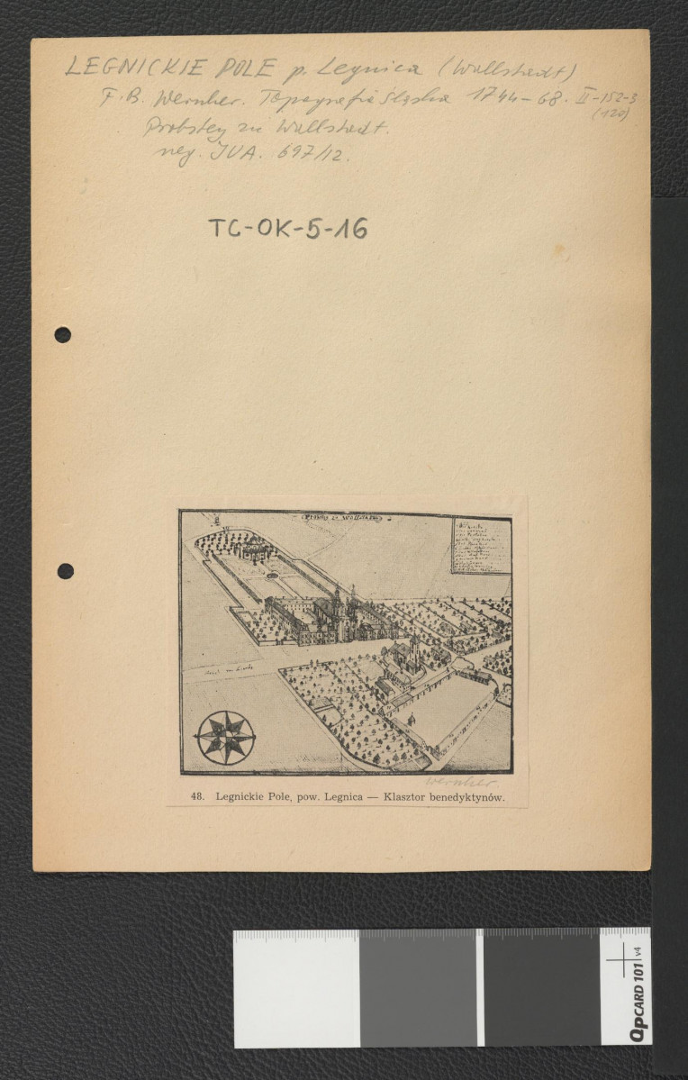 reprodukcja ryciny z Wernher Friedrich Bernhard, Topografia Śląska, 1744-1768 przedstawia widok z lotu ptaka na miejscowy klasztor  , skan 1