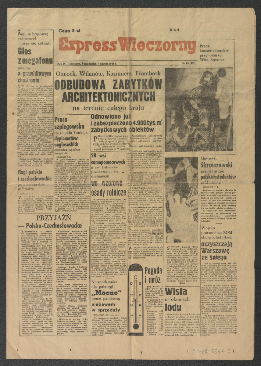 karta z „Expressu Wieczornego” nr 65 (987) z 7 marca 1949 r. zawierająca artykuł pt. Otwock, Wilanów, Kazimierz, Frombork. Odbudowa zabytków architektonicznych na terenie całego kraju , skan 1
