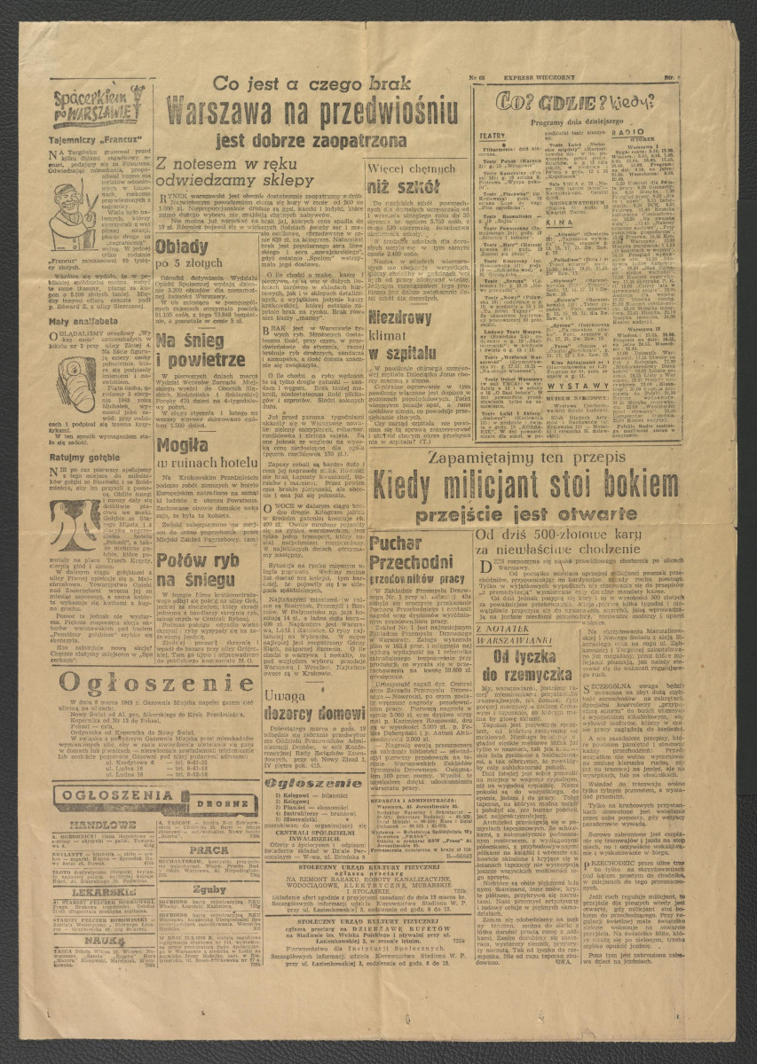 karta z „Expressu Wieczornego” nr 65 (987) z 7 marca 1949 r. zawierająca artykuł pt. Otwock, Wilanów, Kazimierz, Frombork. Odbudowa zabytków architektonicznych na terenie całego kraju , skan 3
