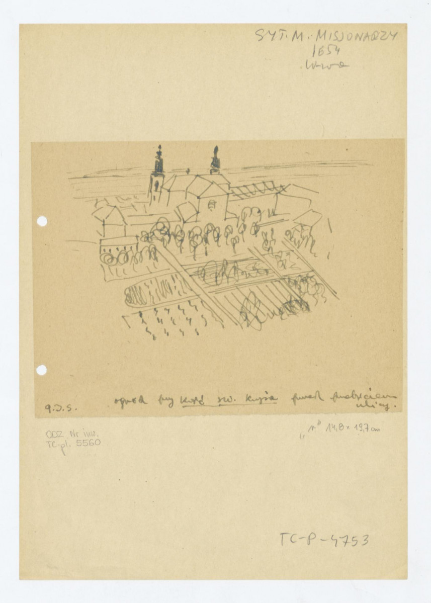 ogród przy kościele św. Krzyża  przed przebiciem ulicy - widok kościoła od strony ogrodu, skan 1