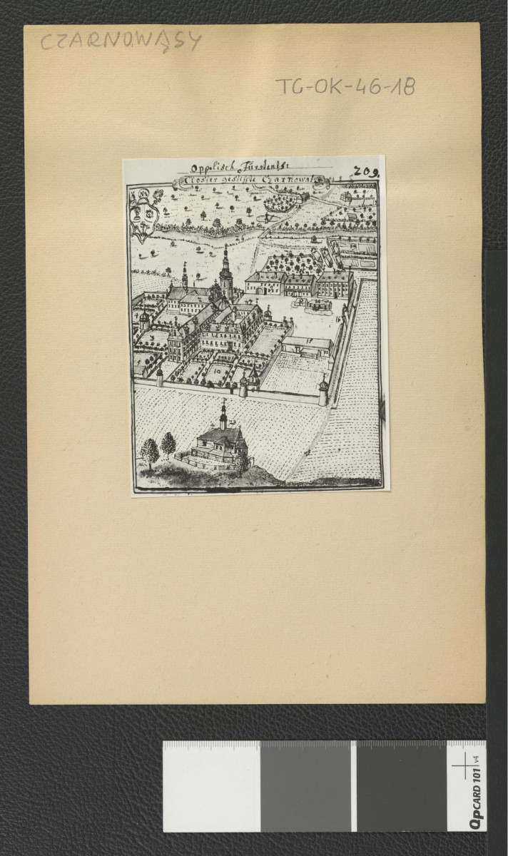 reprodukcja ryciny z Wernher Friedrich Bernhard, Topografia Śląska, 1744-1768 przedstawiająca widok z tzw. lotu ptaka na miejscowy klasztor, skan 2