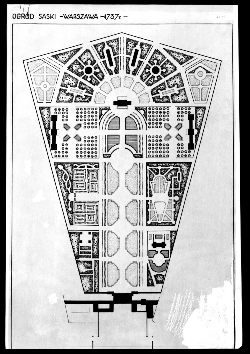 plan Ogrodu Saskiego z 1737 r. według planu A Karczewskiego opracowanego przez G. Ciołka oraz wykorzystany w Ciołek G., Ogrody polskie, Warszawa 1954, s. 70, skan 1