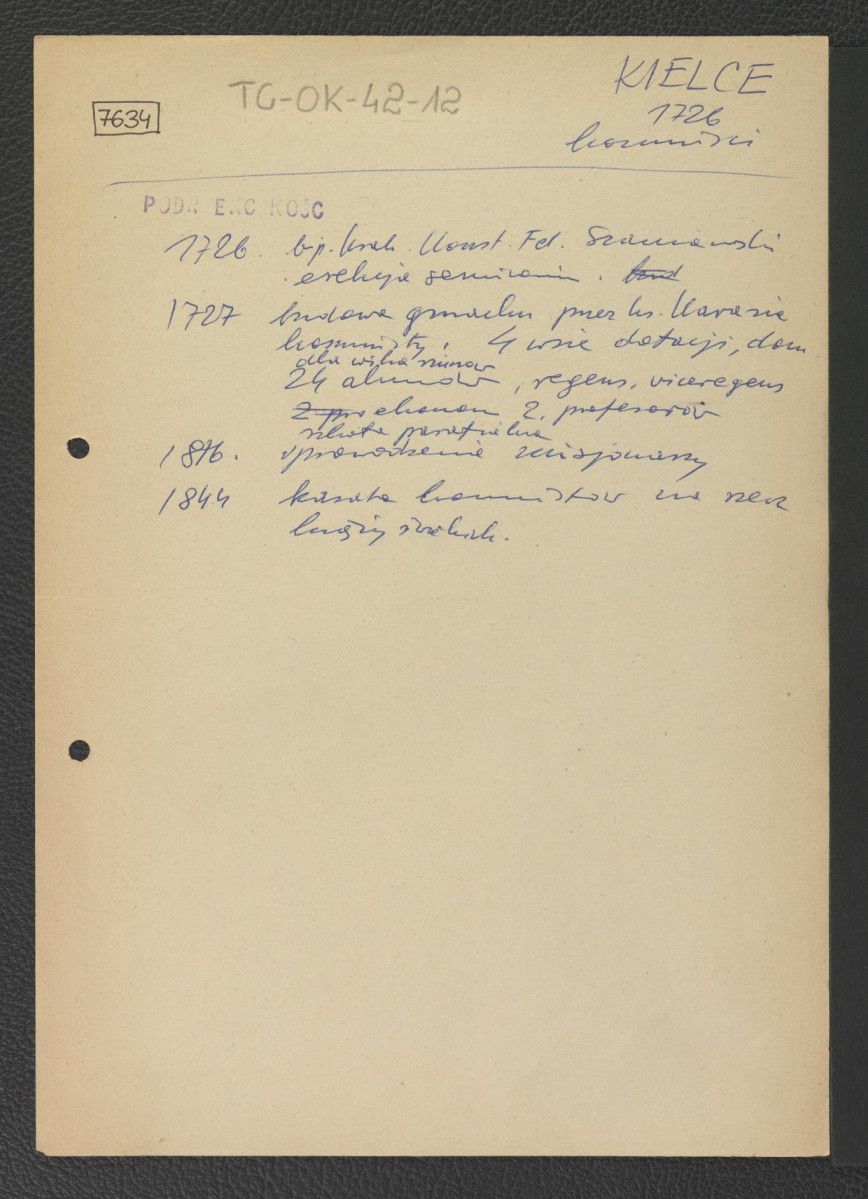 wypis z Podręczna Encyklopedia Kościelna, red. ks. Zygmunt Chełmicki, t. I-XLIV, Warszawa, 1904-1916 wzmiankujący ważniejsze daty w dziejach miejscowego klasztoru począwszy od roku 1726 kiedy to biskup krakowski erygował miejscowe seminarium, skan 1