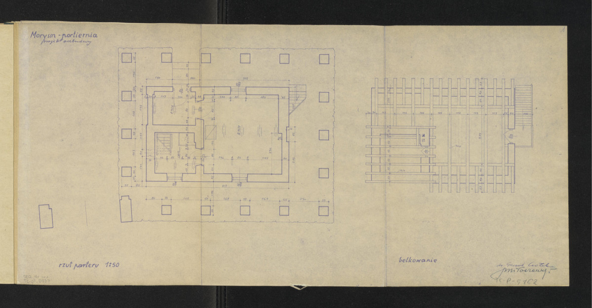 Morysin-projekt odbudowy portierni, rzut parteru i rzut belkowania. Podane wymiary i napisy objaśniające, skan 1