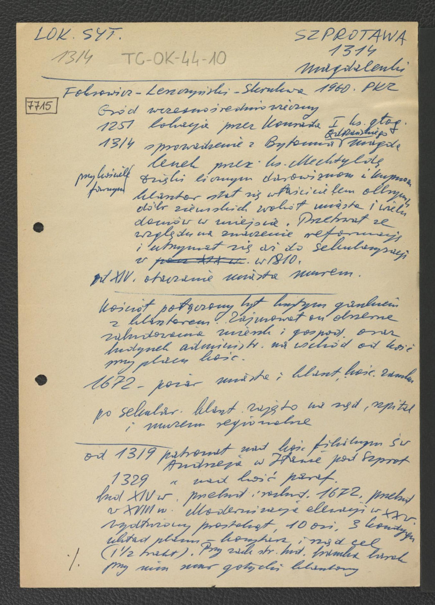 wypis z Fokrowicz-Leszczyński-Skrakwa (PKZ), 1960 dotyczący charakterystyki miejscowych obiektów średniowiecznych oraz chronologii w wymienionej miejscowości; na odwrocie wypis z Dolny Śląsk zawierający chronologię klasztoru , skan 1