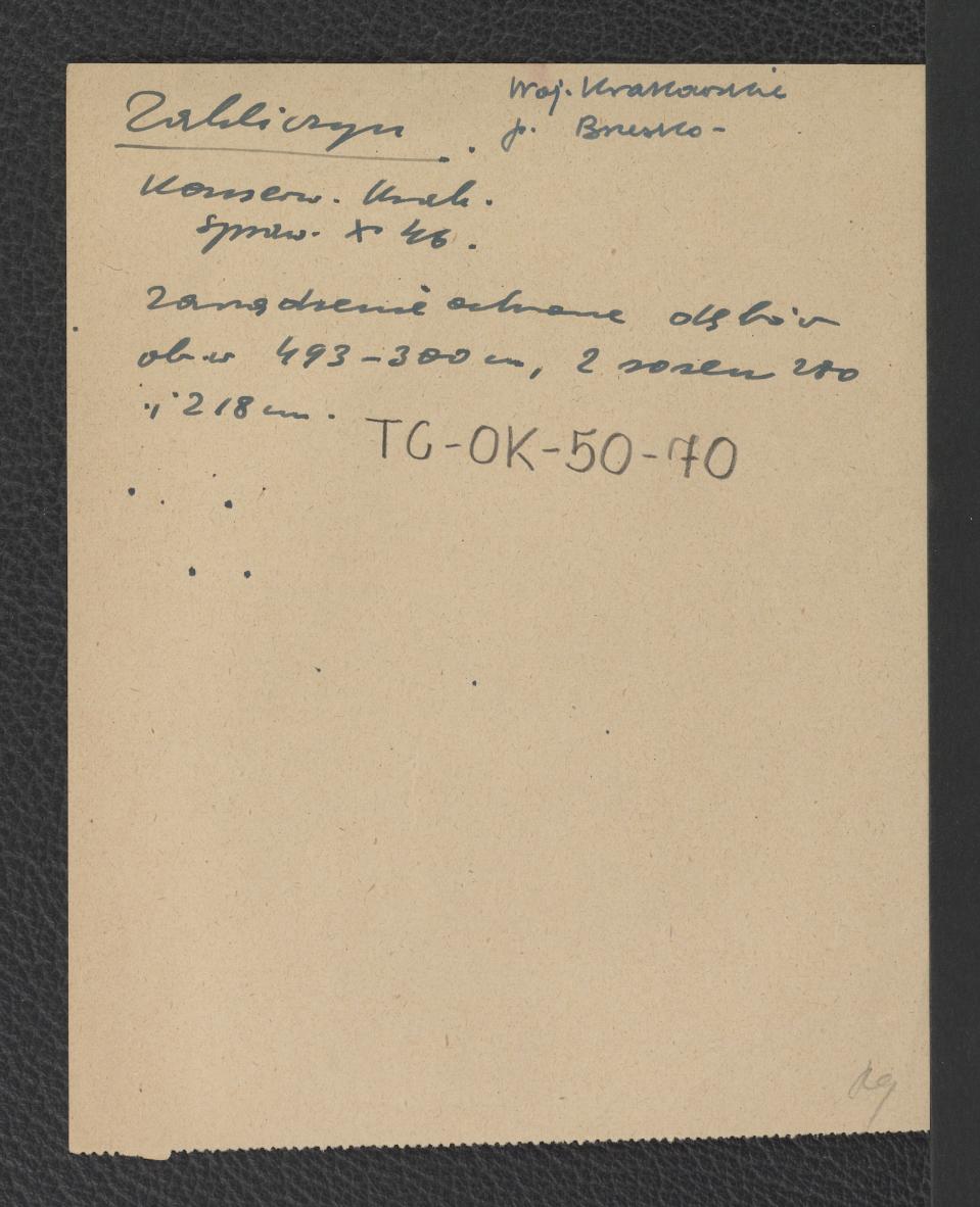 odsyłacz do Sprawozdania Wojewódzkiego Konserwatora Zabytków w Krakowie z października 1946 r. wzmiankujący zarządzenie ochronne miejscowych dębów , skan 1