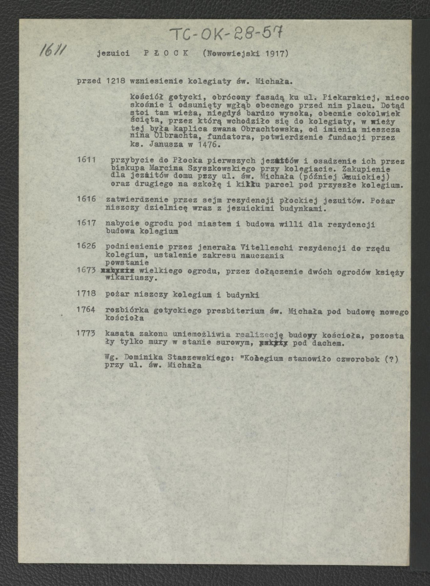 wypis z Nowowiejski Antoni Julian, Płock. Monografia historyczna, Płock 1917 zawierający chronologię miejscowego kościoła wzniesionego przed rokiem 1218                     , skan 1