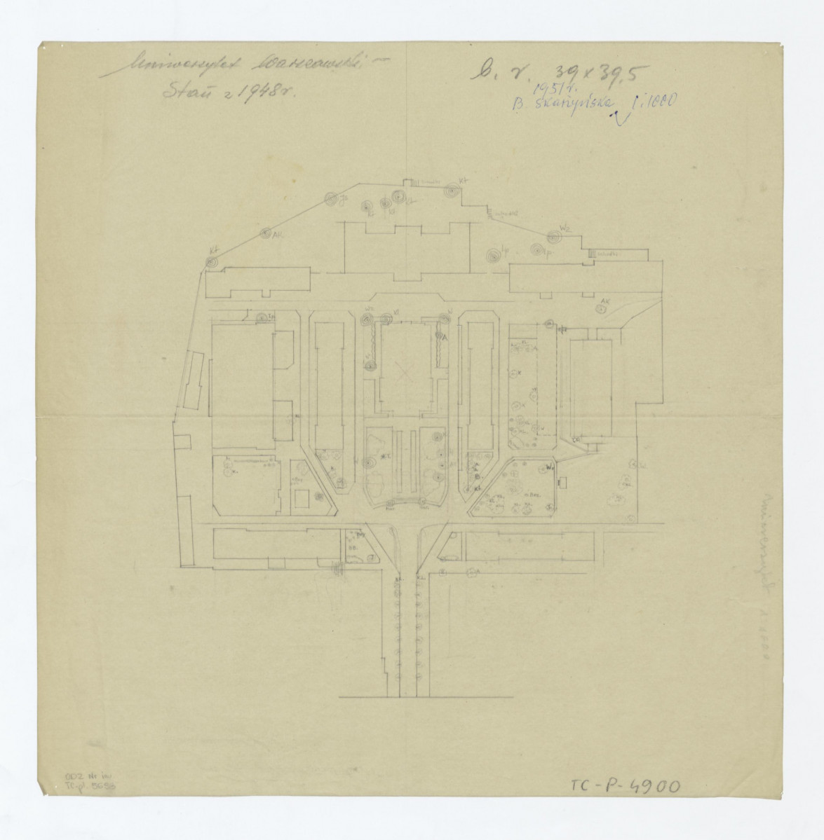 zmniejszenie planu sytuacyjnego tarasu górnego z pomiaru Józefa Kasperskiego z 1948 roku, skan 1