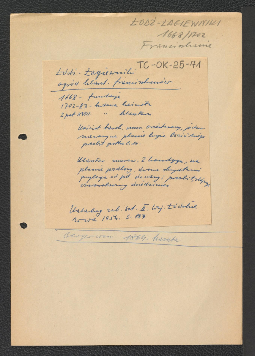 wypis z Katalog Zabytków Sztuki w Polsce: Woj. Łódzkie, t. II, red. Szablowski J., Warszawa 1954, s. 187 wzmiankujący fundacje w 1668 r., budowę kościoła w latach 1702-1723 oraz klasztoru w drugiej poł. stulecia; zwięzła charakterystyka architektoniczna; odsyłacz do Gloger Zygmunt, Encyklopedia Staropolska, Warszawa 1902 wzmiankujący kasatę klasztoru w 1864 r.                                                                      , skan 1