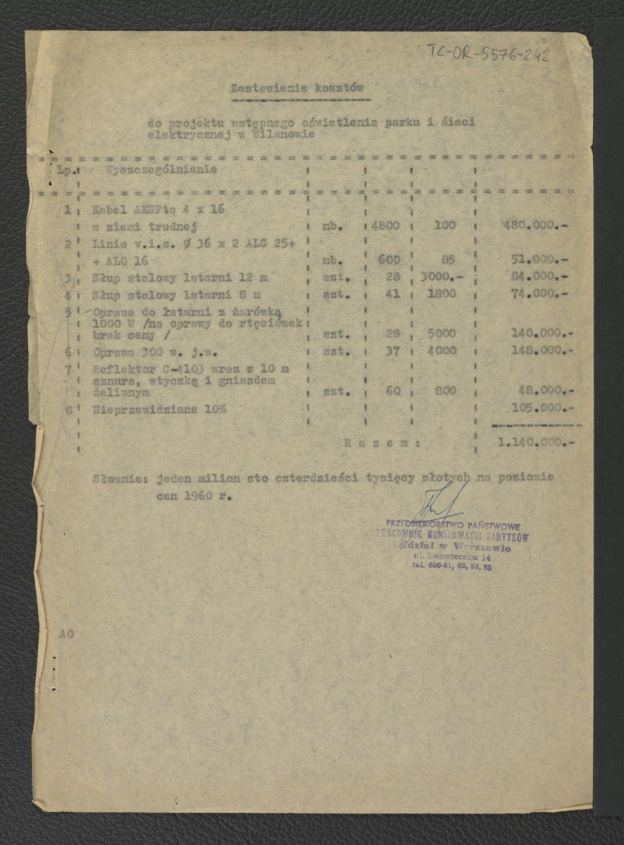zestawienie kosztów do projektu wstępnego oświetlenia parku i sieci elektrycznej; protokół z konferencji 26 marca 1960 r. w sprawie oświetlenia parku; odpis założenia do wykonania projektów oświetlenia parku; zawiadomienie ze strony Zarządu Inwestycji Obiektów Zabytkowych o zwrocie wcześniej wymienionych dokumentów, skan 1