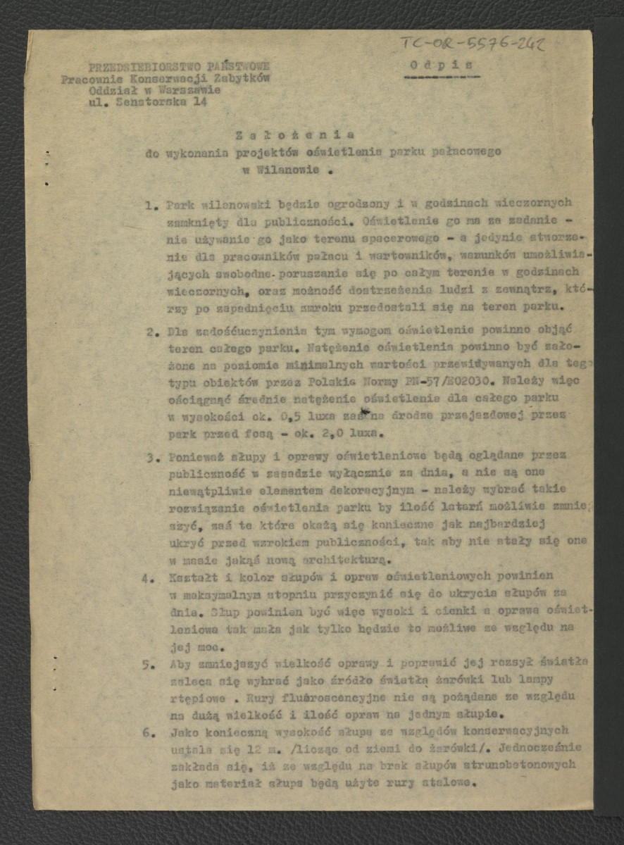 zestawienie kosztów do projektu wstępnego oświetlenia parku i sieci elektrycznej; protokół z konferencji 26 marca 1960 r. w sprawie oświetlenia parku; odpis założenia do wykonania projektów oświetlenia parku; zawiadomienie ze strony Zarządu Inwestycji Obiektów Zabytkowych o zwrocie wcześniej wymienionych dokumentów, skan 4