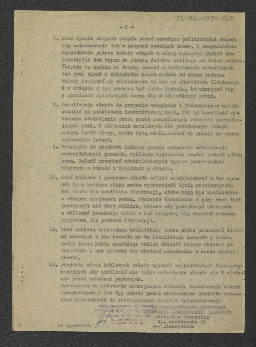 zestawienie kosztów do projektu wstępnego oświetlenia parku i sieci elektrycznej; protokół z konferencji 26 marca 1960 r. w sprawie oświetlenia parku; odpis założenia do wykonania projektów oświetlenia parku; zawiadomienie ze strony Zarządu Inwestycji Obiektów Zabytkowych o zwrocie wcześniej wymienionych dokumentów, skan 5
