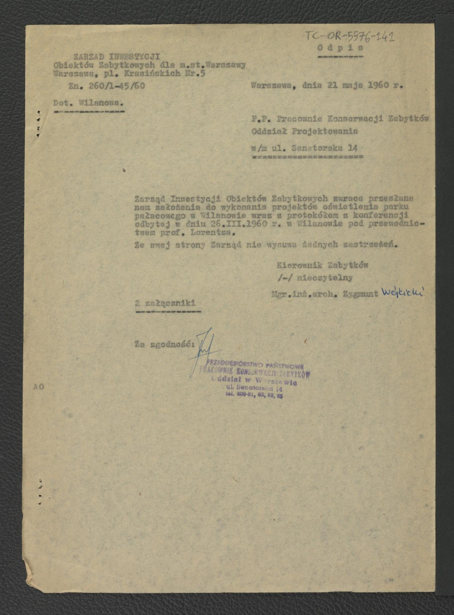 zestawienie kosztów do projektu wstępnego oświetlenia parku i sieci elektrycznej; protokół z konferencji 26 marca 1960 r. w sprawie oświetlenia parku; odpis założenia do wykonania projektów oświetlenia parku; zawiadomienie ze strony Zarządu Inwestycji Obiektów Zabytkowych o zwrocie wcześniej wymienionych dokumentów, skan 6