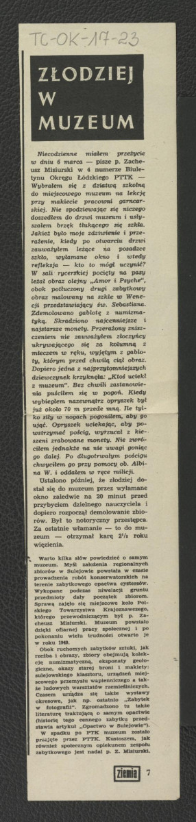wycinek z „Ziemia” zawierający tekst pt. Złodziej w Muzeum" , skan 1