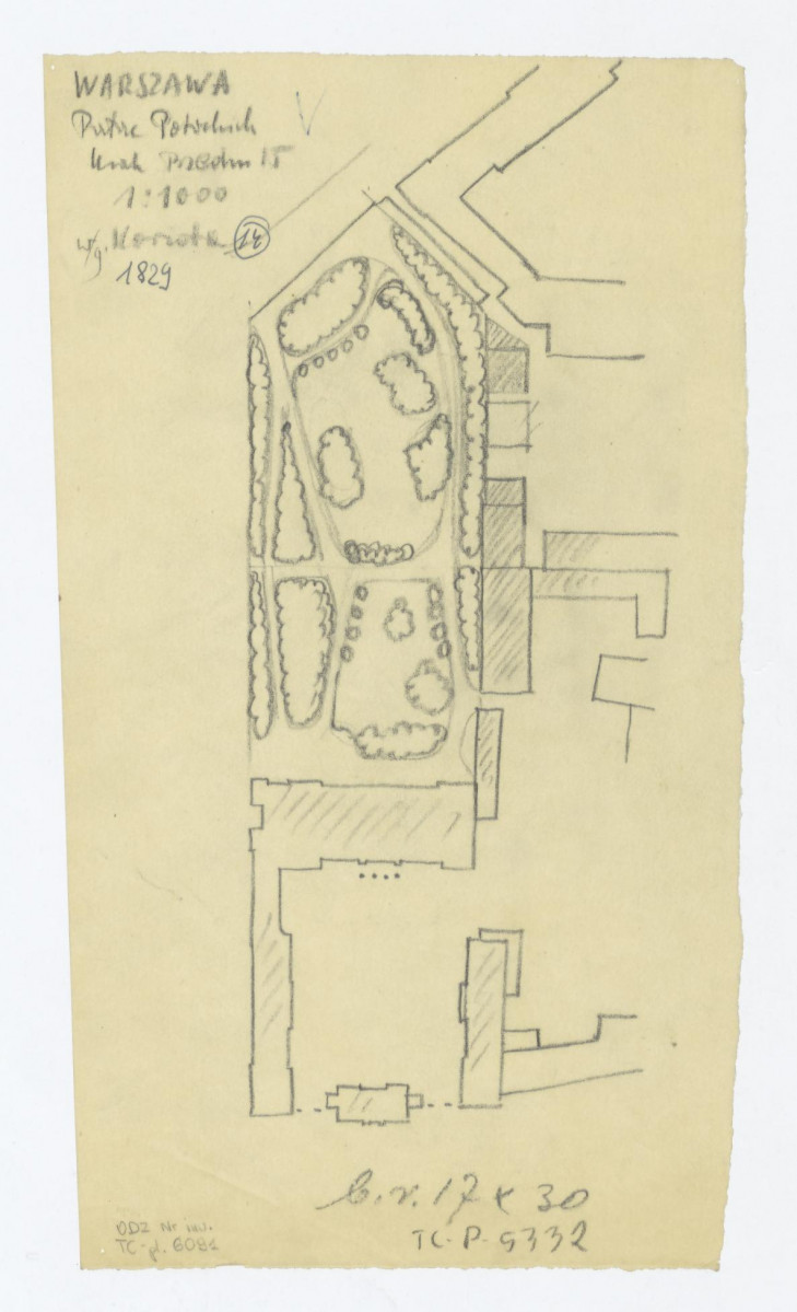 Pałac Potockich-plan sytuacyjny (odrys z przeskalowaniem) ogrodu z 1829 roku według Koriota, skan 1