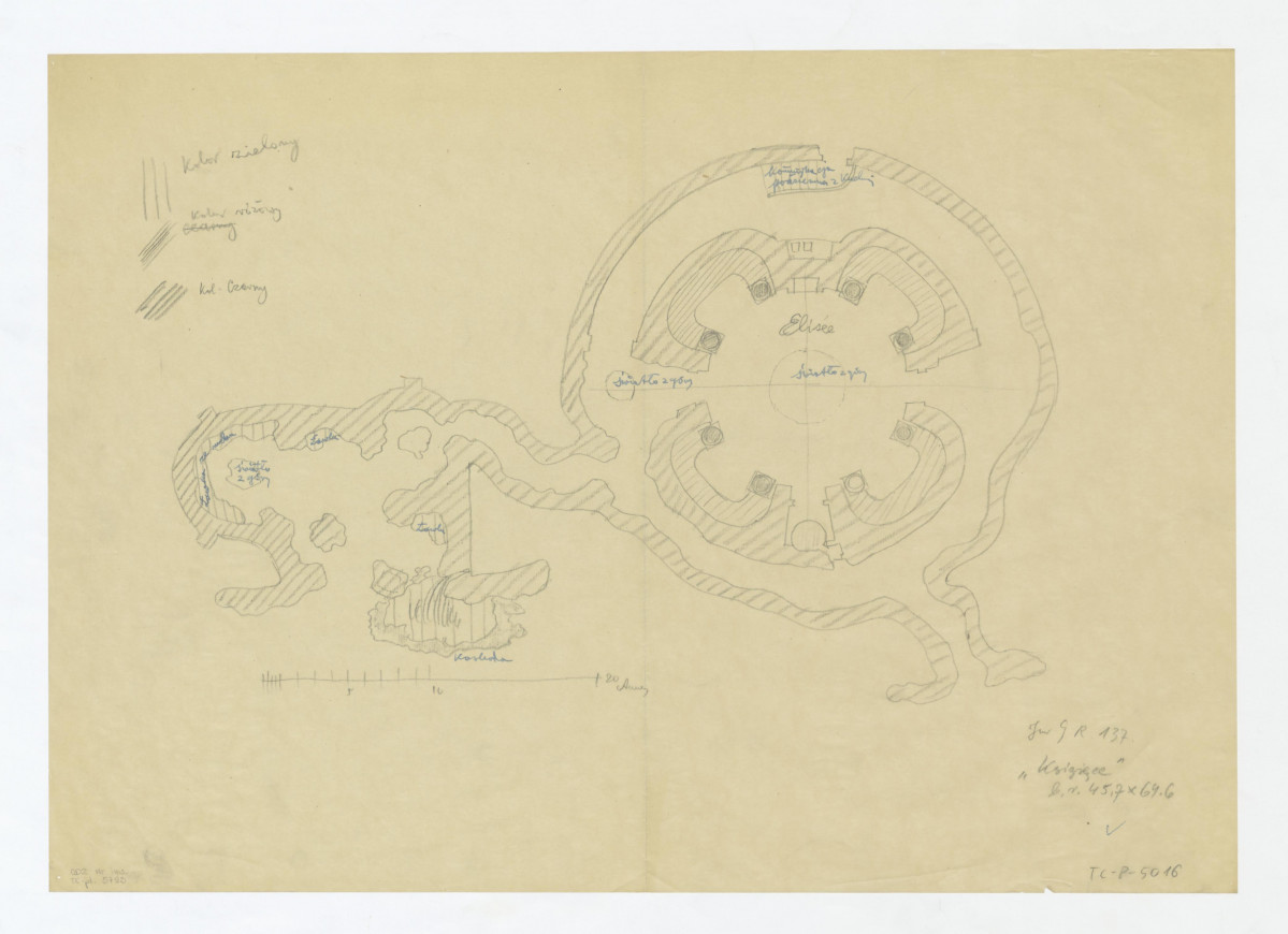 plan groty z zaznaczeniem oświetlenia z góry, kaskady, ław itp.., według projektu A.B. Zuga (odrys), skan 1