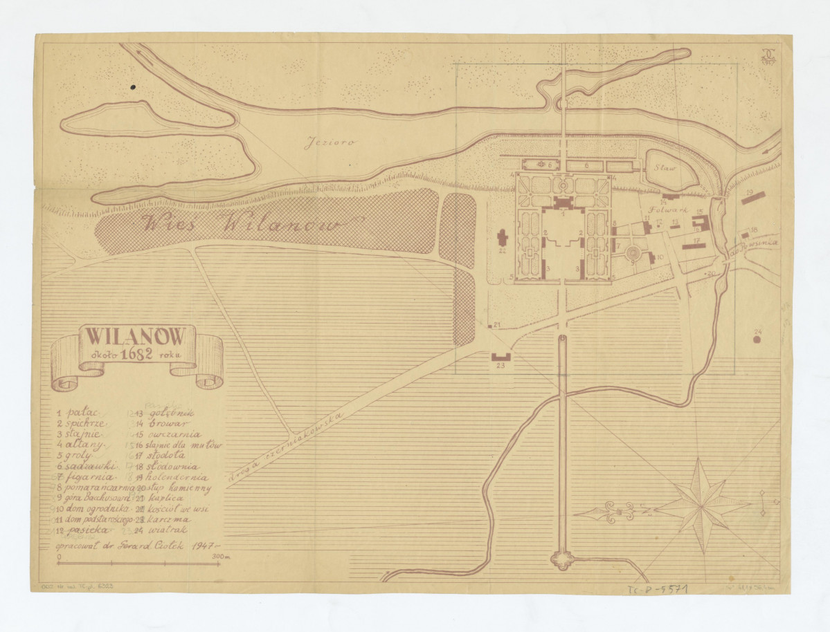 Wilanów-plan sytuacyjny, stan z 1682 roku, zaznaczona wieś Wilanów oraz droga czerniakowska. Legenda. Plan orientowany, skan 1