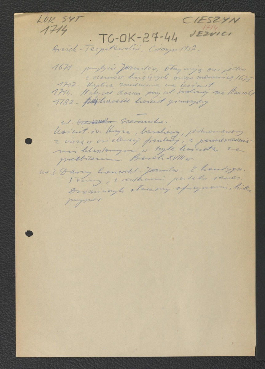 wypis z Brożek, Terpiłowski, Cieszyn, 1957 zawierający chronologię miejscowego klasztoru począwszy od 1671 r., kiedy to miało miejsce przybycie jezuitów; zwięzła charakterystyka architektoniczna klasztoru                                 , skan 1