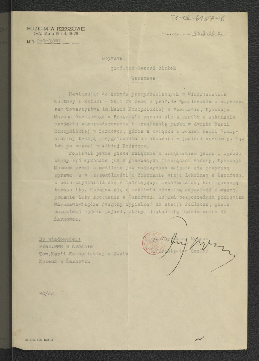 prośba z 13 stycznia 1960 r. ze strony Muzeum w Rzeszowie do G. Ciołka o wykonanie projektu zagospodarowania i urządzenia parku przy miejscowym dworku Marii Konopnickiej , skan 1