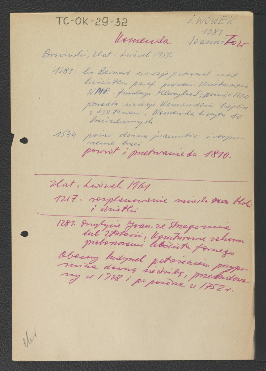 wypis z Browiński, Lwówek, 1957 (1961) zawierający chronologię miejscowego klasztoru począwszy od rozbudowania miasta w roku 1217, skan 1
